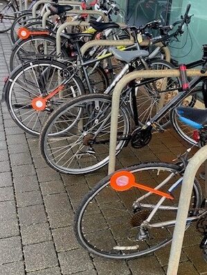 A number of bikes fitted with close pass indicator signs